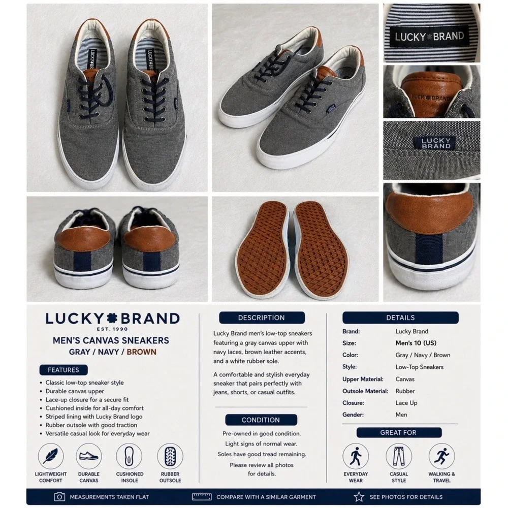 LUCKY BRAND MEN'S CANVAS SNEAKERS GRAY / NAVY / BROWN